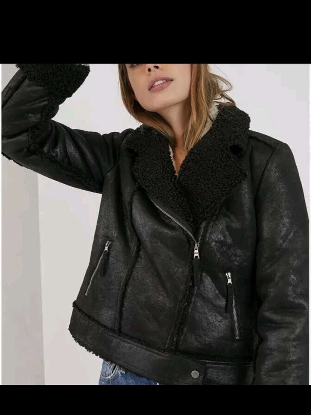 Black Faux Shearling Biker Jacket - Women Sold By ANTHROPOLY